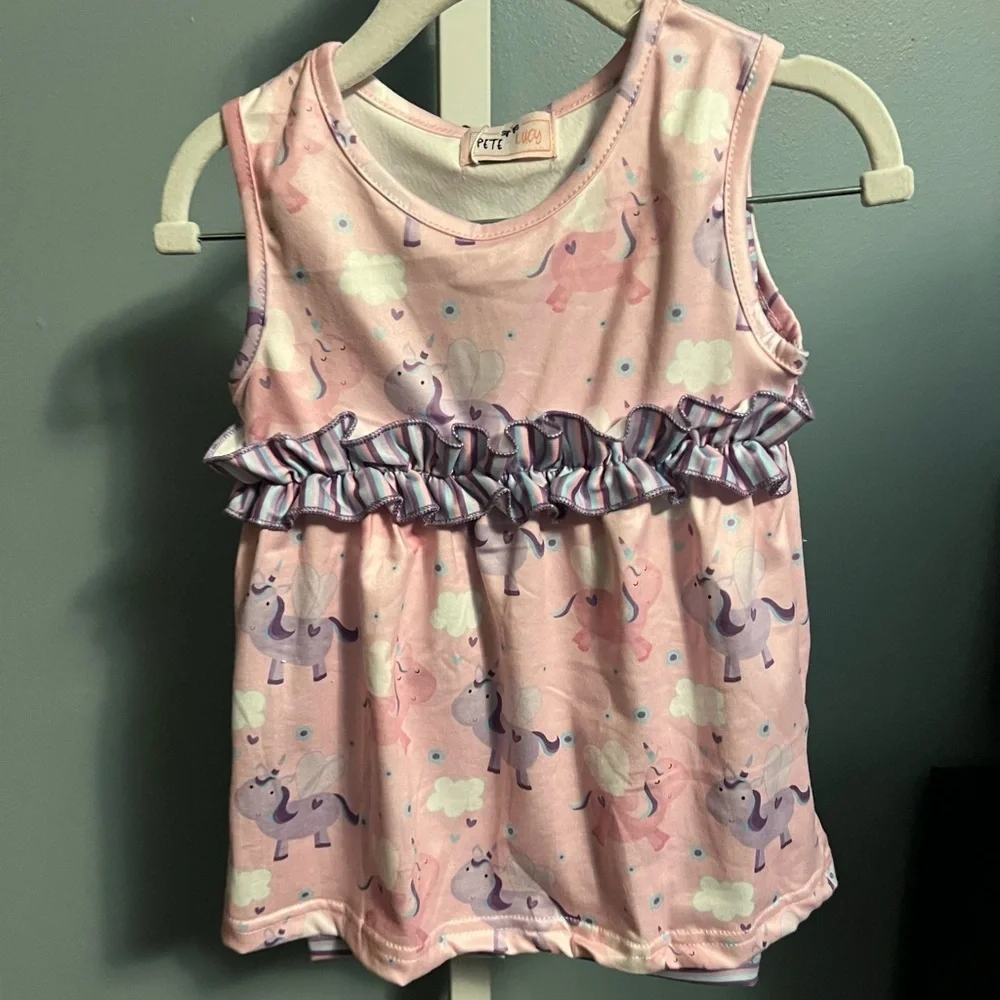 Pete and Lucy Pink and Purple Unicorn Ruffle Tank Top and Striped Capri Set. NWT